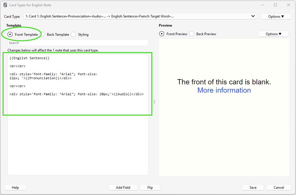 Screenshot of the window shown after clicking Anki's 'Cards...' button. Here, we're selecting the 'Front Template' setting and then adding some HTML to the textbox to tell Anki how the front of the cards should look.